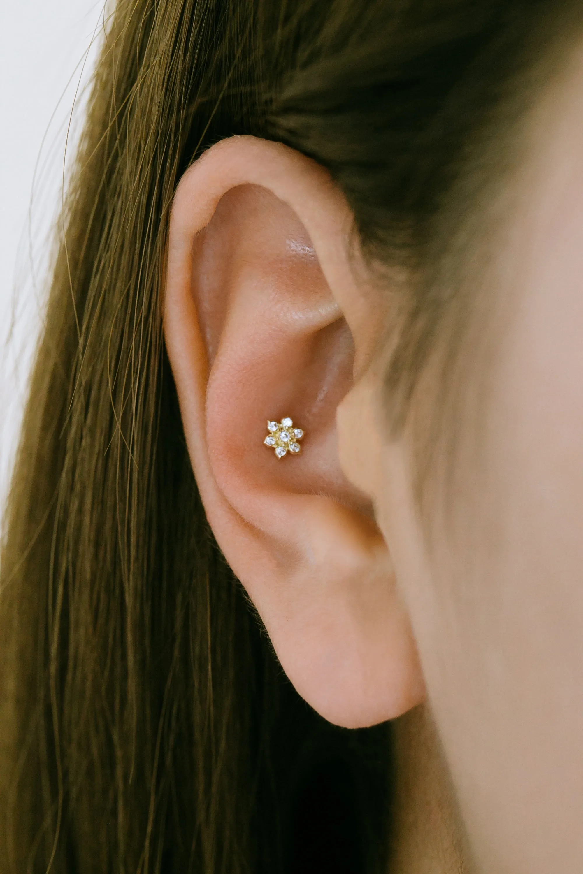 14k Gold Jewelry CZ Flower Cartilage Helix Tragus Inner Conch Barbell Ear Stud Earring Piercing