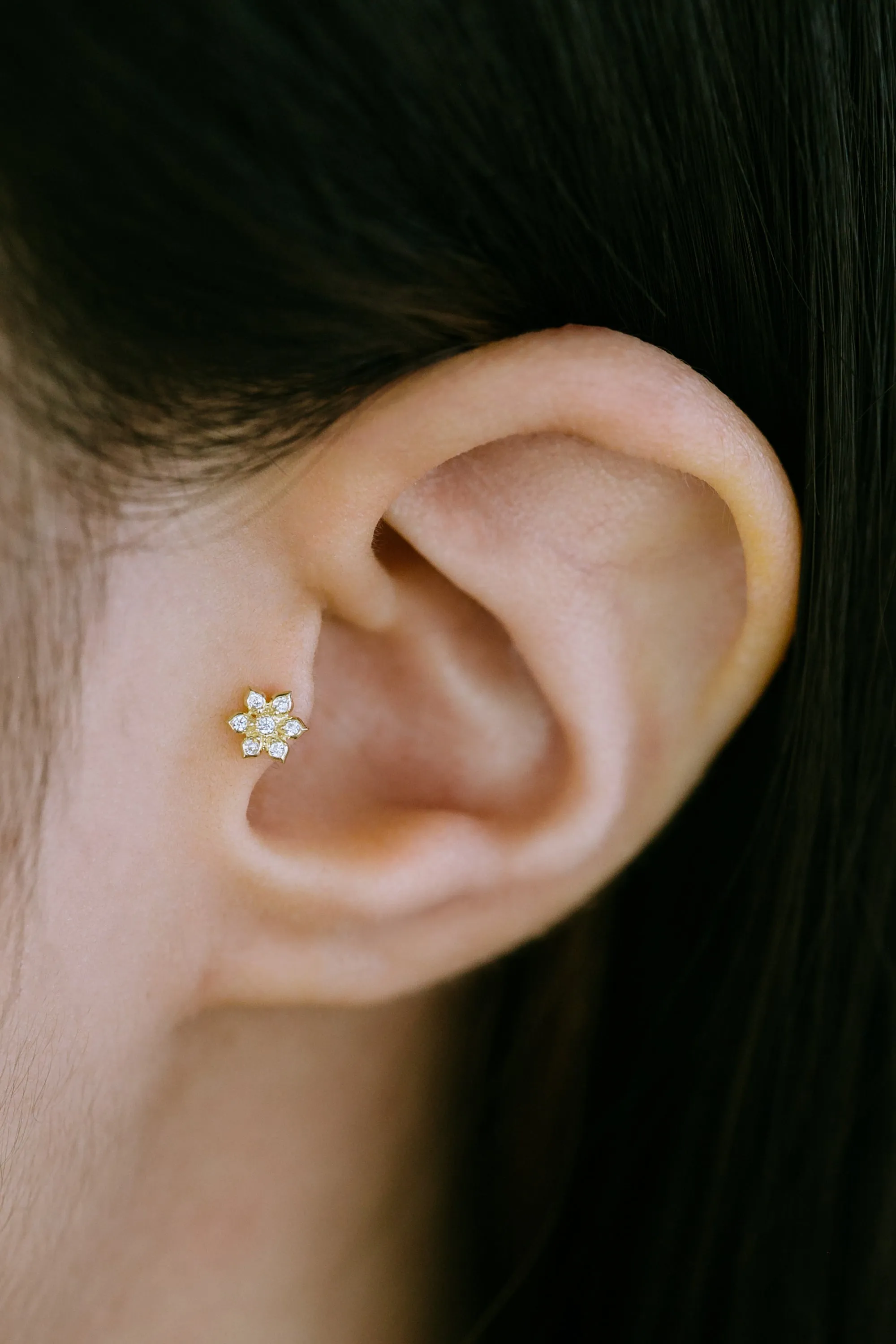 14k Gold Jewelry CZ Flower Cartilage Helix Tragus Inner Conch Barbell Ear Stud Earring Piercing