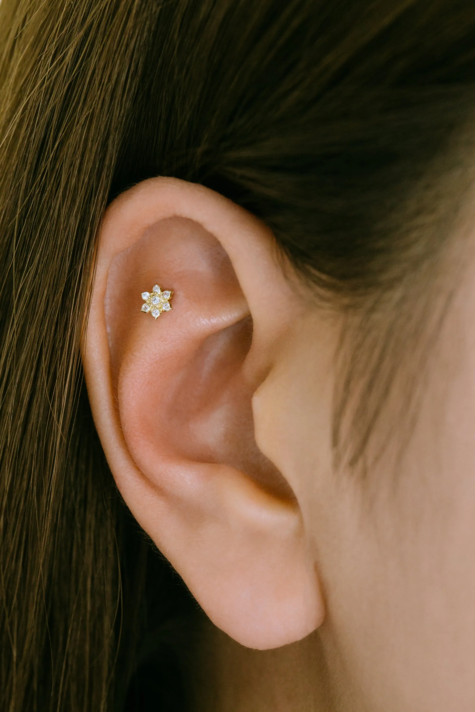 14k Gold Jewelry CZ Flower Cartilage Helix Tragus Inner Conch Barbell Ear Stud Earring Piercing