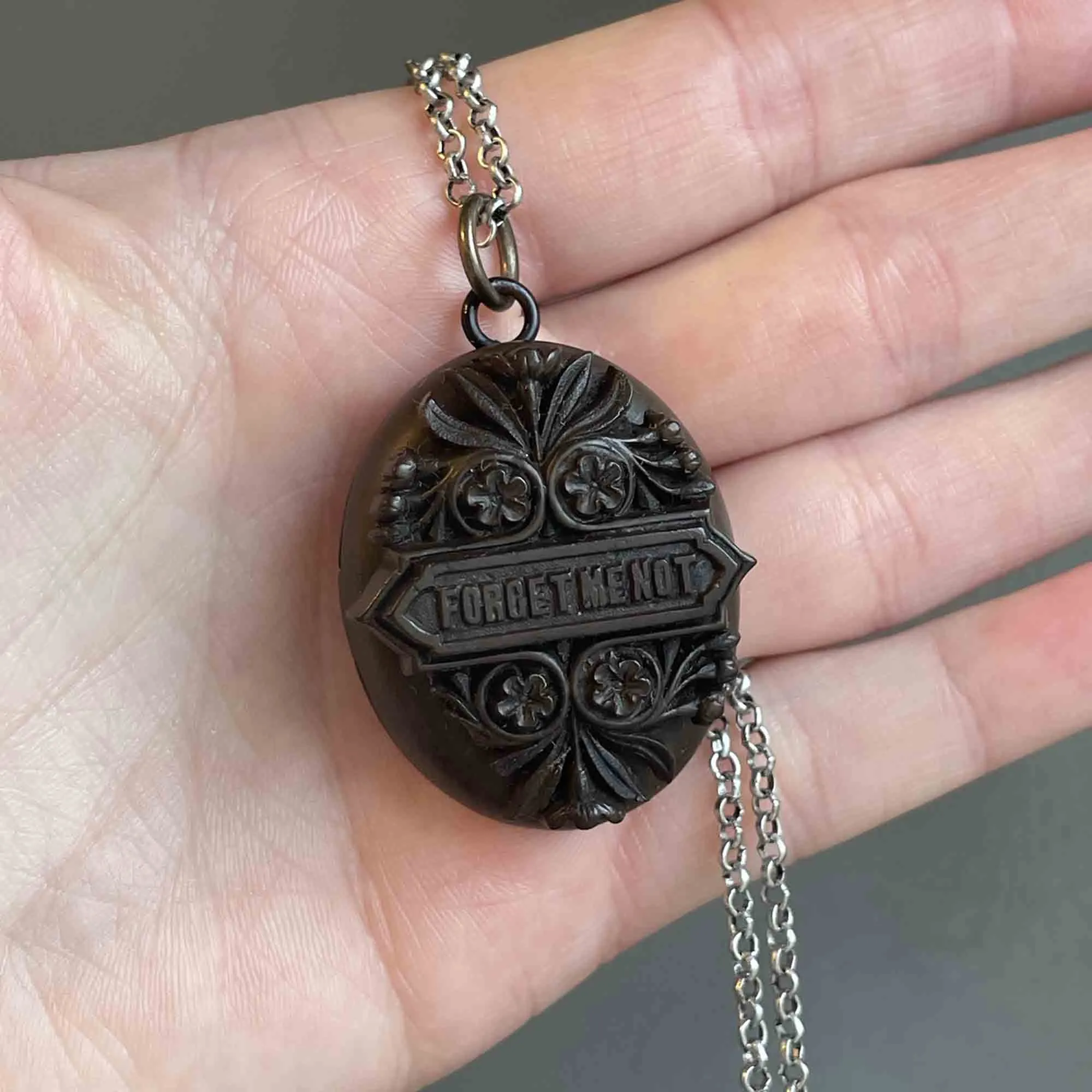 Antique Forget Me Not Gutta Percha Locket Necklace