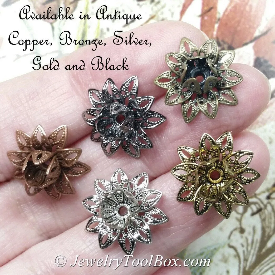 Antique Gold,  Filigree Flower Bead Caps, Multiple Layer, Bendable, Moldable, 2mm Hole, Lot Size 100, #2054 AG