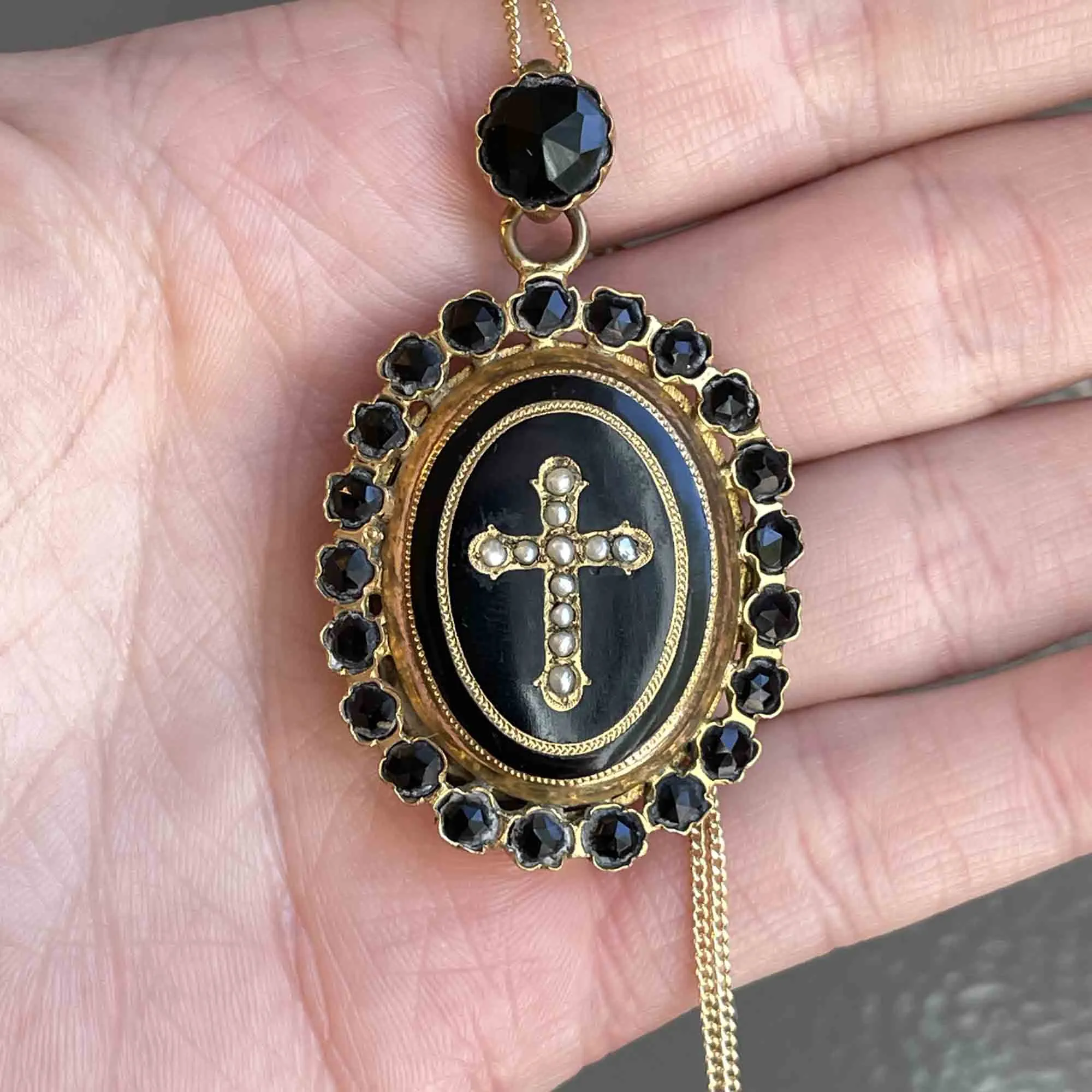 Antique Victorian Carved Whitby Jet Seed Pearl Cross Locket