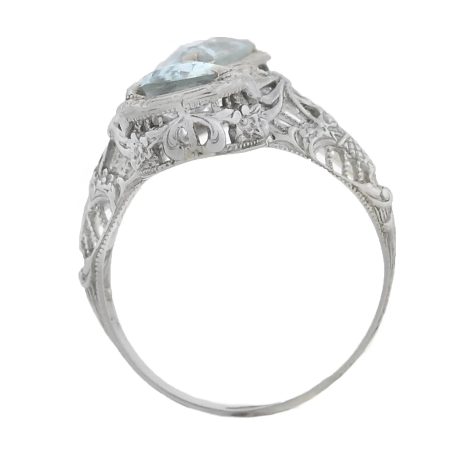 Art Deco 14kt Aquamarine Bow Motif Filigree Ring