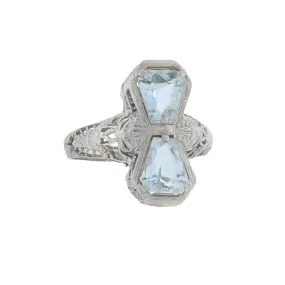 Art Deco 14kt Aquamarine Bow Motif Filigree Ring