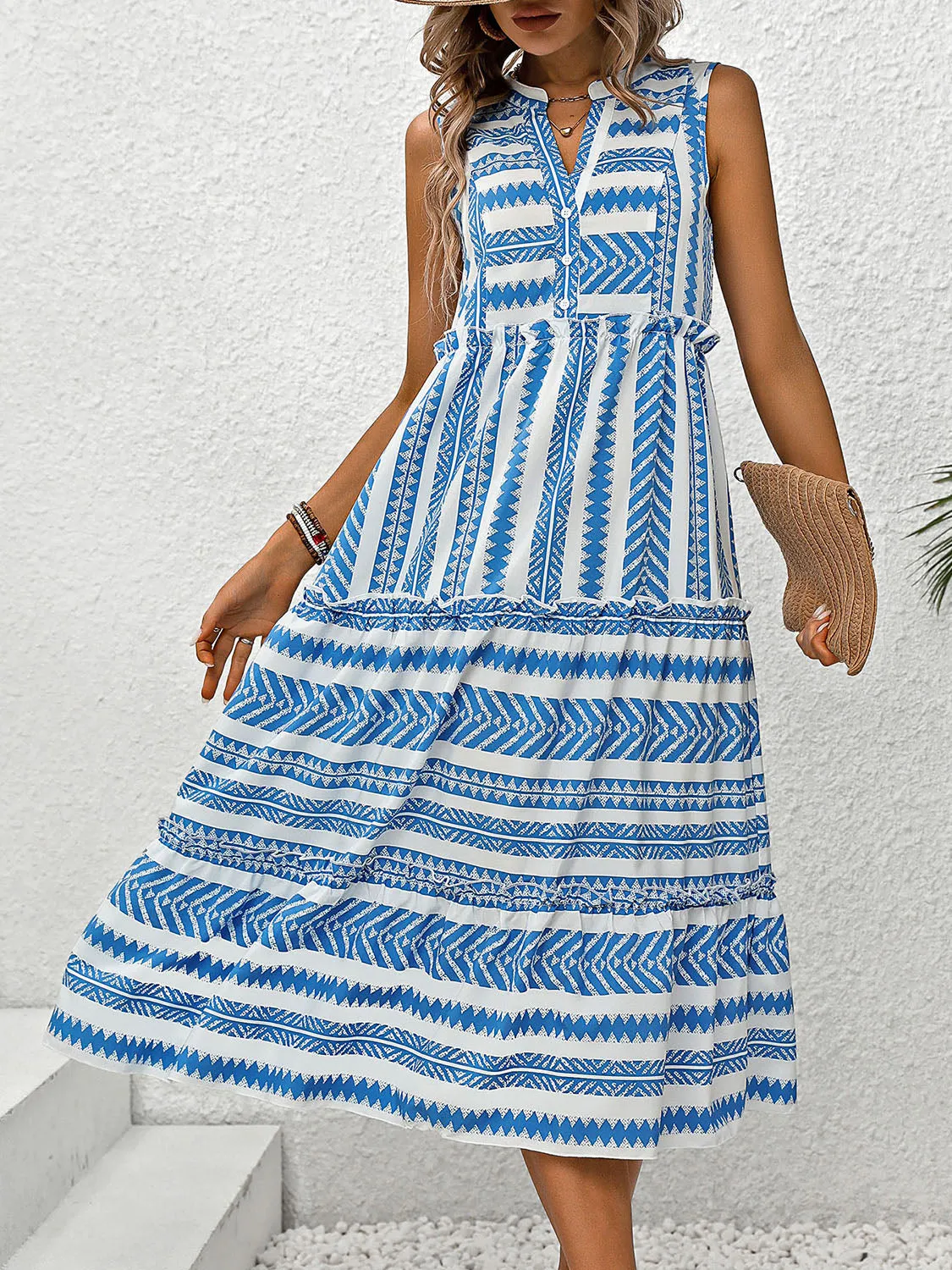 Beach Wedding Guest Dress for Women: Sleeveless Notched Frill Printed Dress