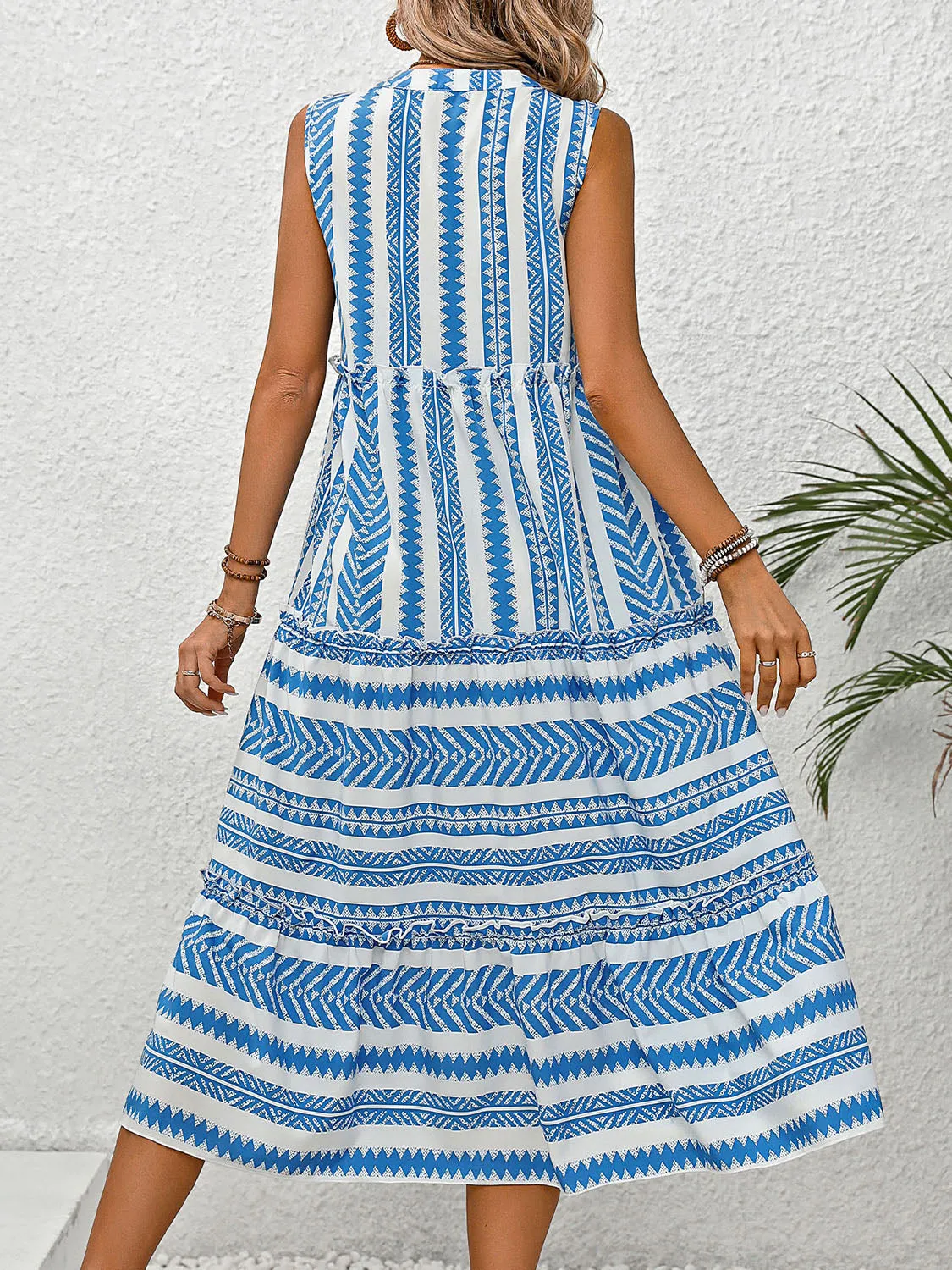 Beach Wedding Guest Dress for Women: Sleeveless Notched Frill Printed Dress