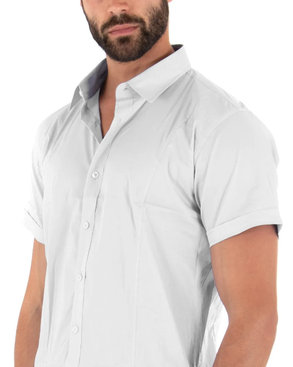 Camicia Uomo Maniche Corte Con Colletto Slim Fit Cotone Elastico Basic Tinta Unita Bianco GIOSAL-CC1140A