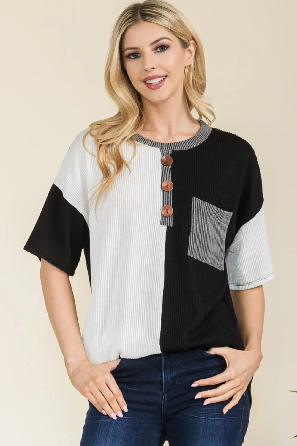 Celeste Full Size Ribbed Color Block Short Sleeve T-Shirt