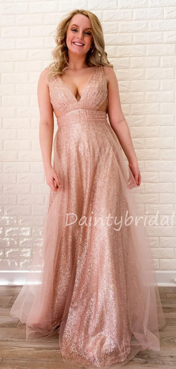 Charming V-neck Floor-length Tulle Sequin Long Prom Dresses Evening Dresses.DB10599