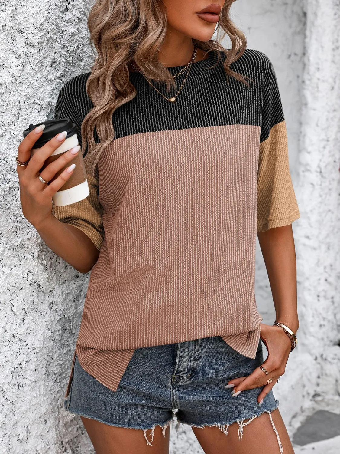 Color Block Round Neck Half Sleeve T-Shirt Top