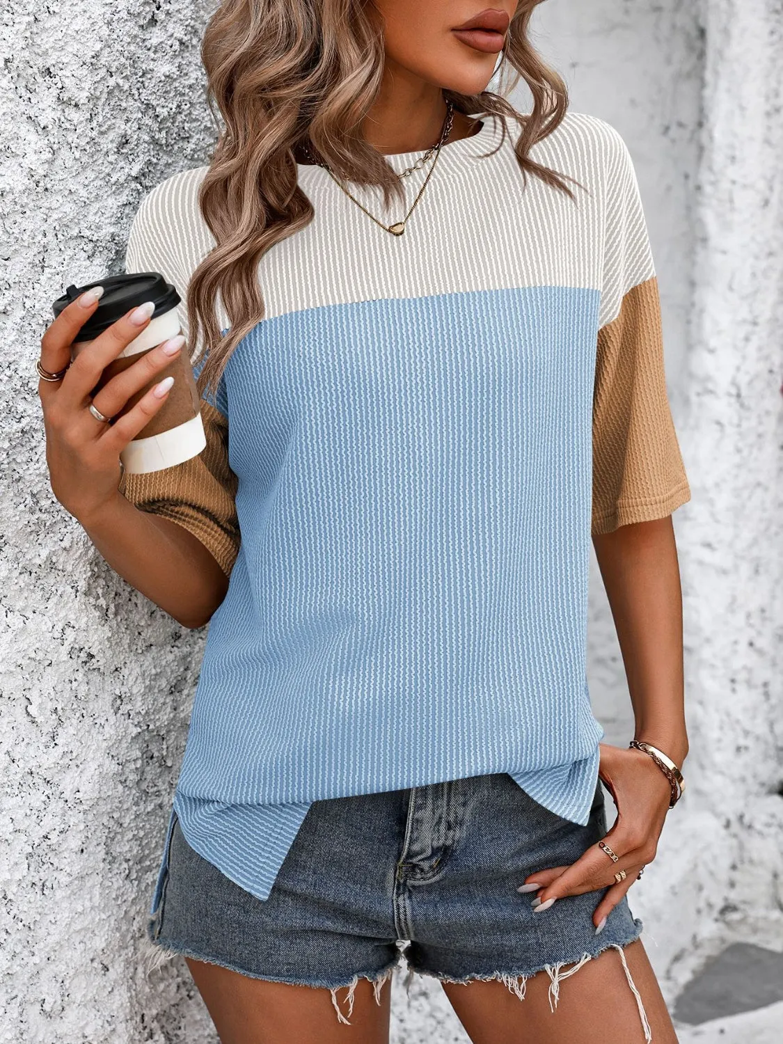 Color Block Round Neck Half Sleeve T-Shirt Top