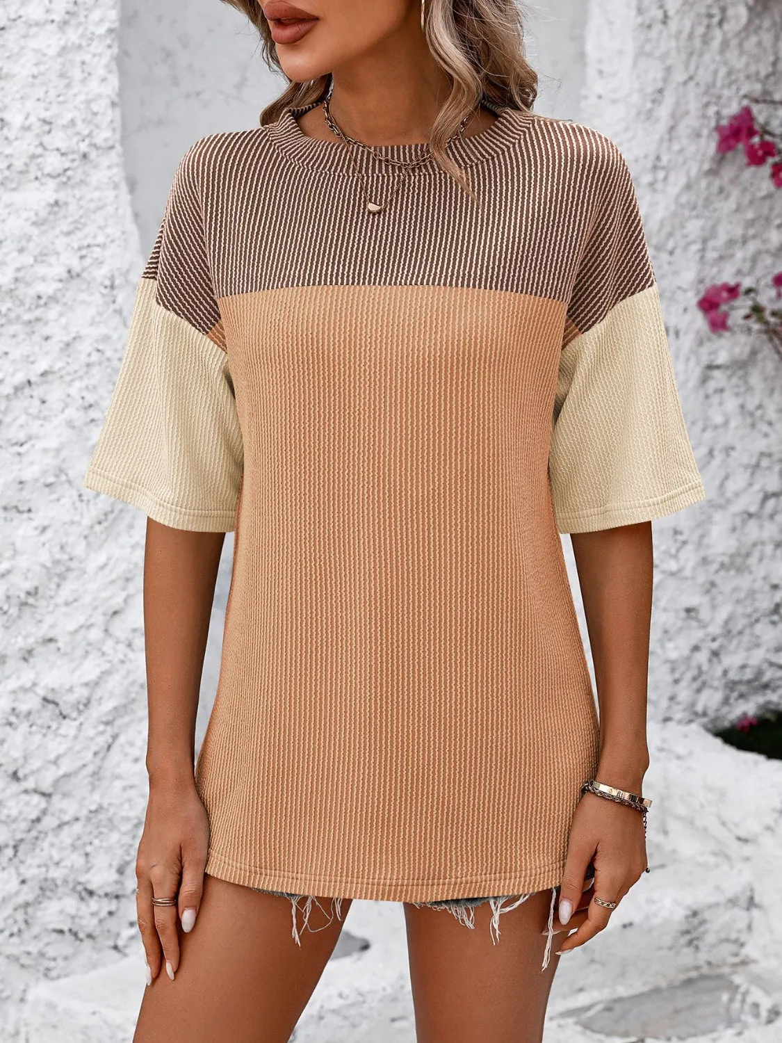 Color Block Round Neck Half Sleeve T-Shirt Top