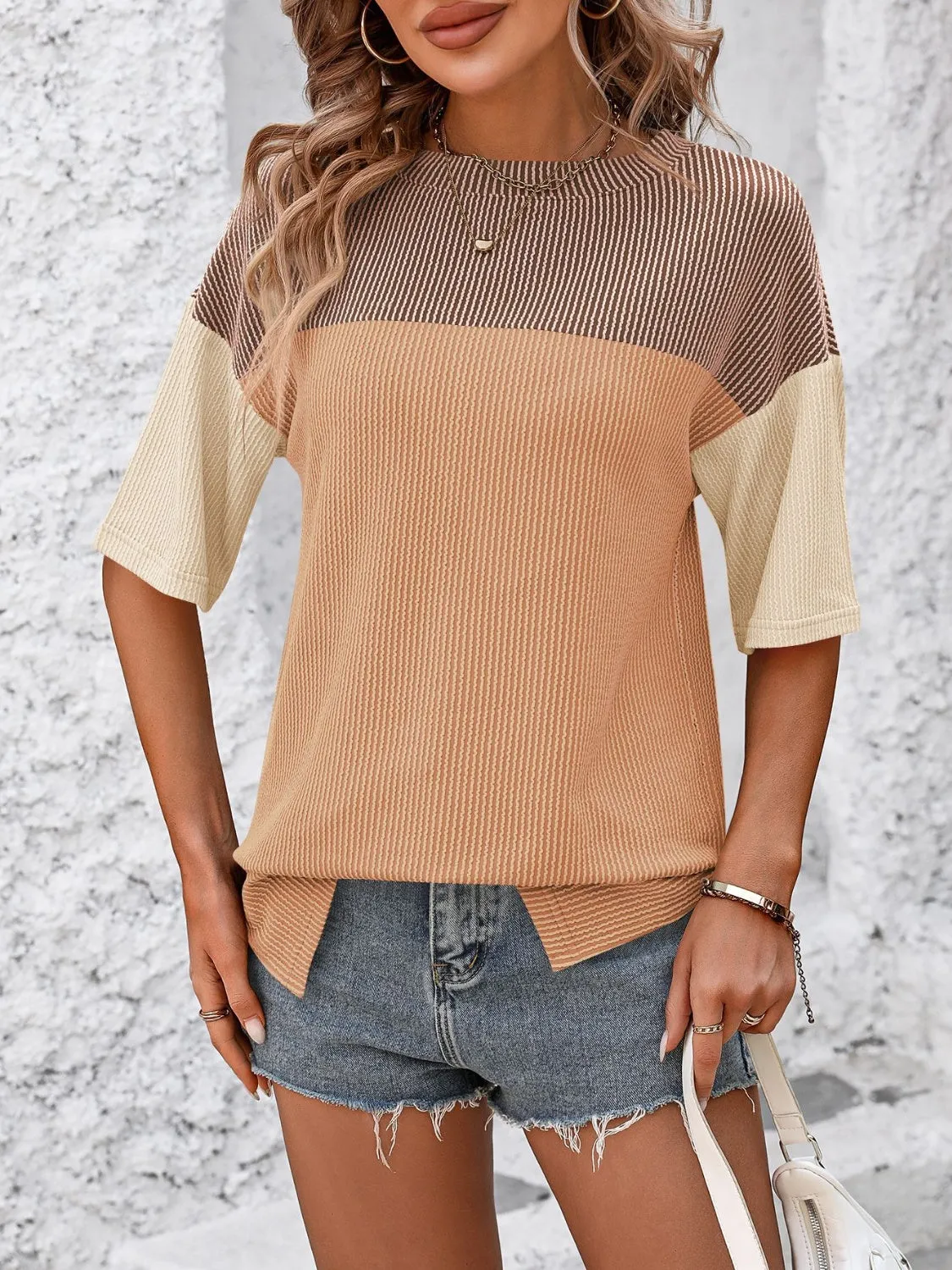 Color Block Round Neck Half Sleeve T-Shirt Top