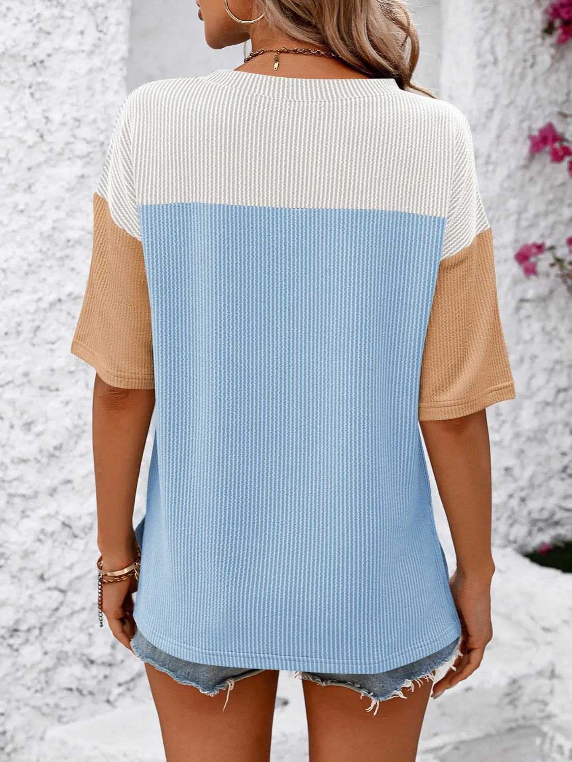 Color Block Round Neck Half Sleeve T-Shirt Top