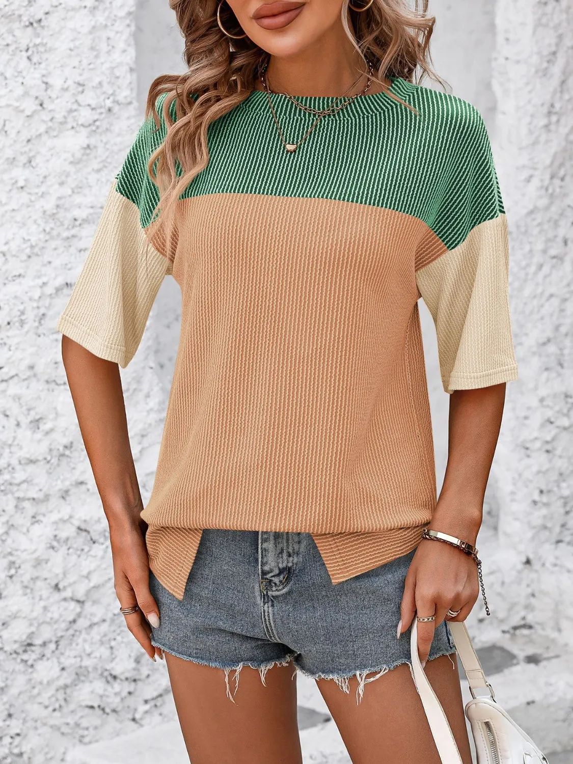 Color Block Round Neck Half Sleeve T-Shirt Top