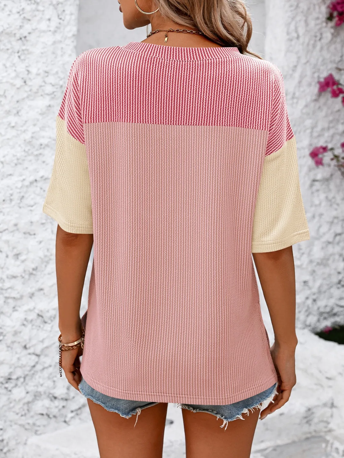 Color Block Round Neck Half Sleeve T-Shirt Top