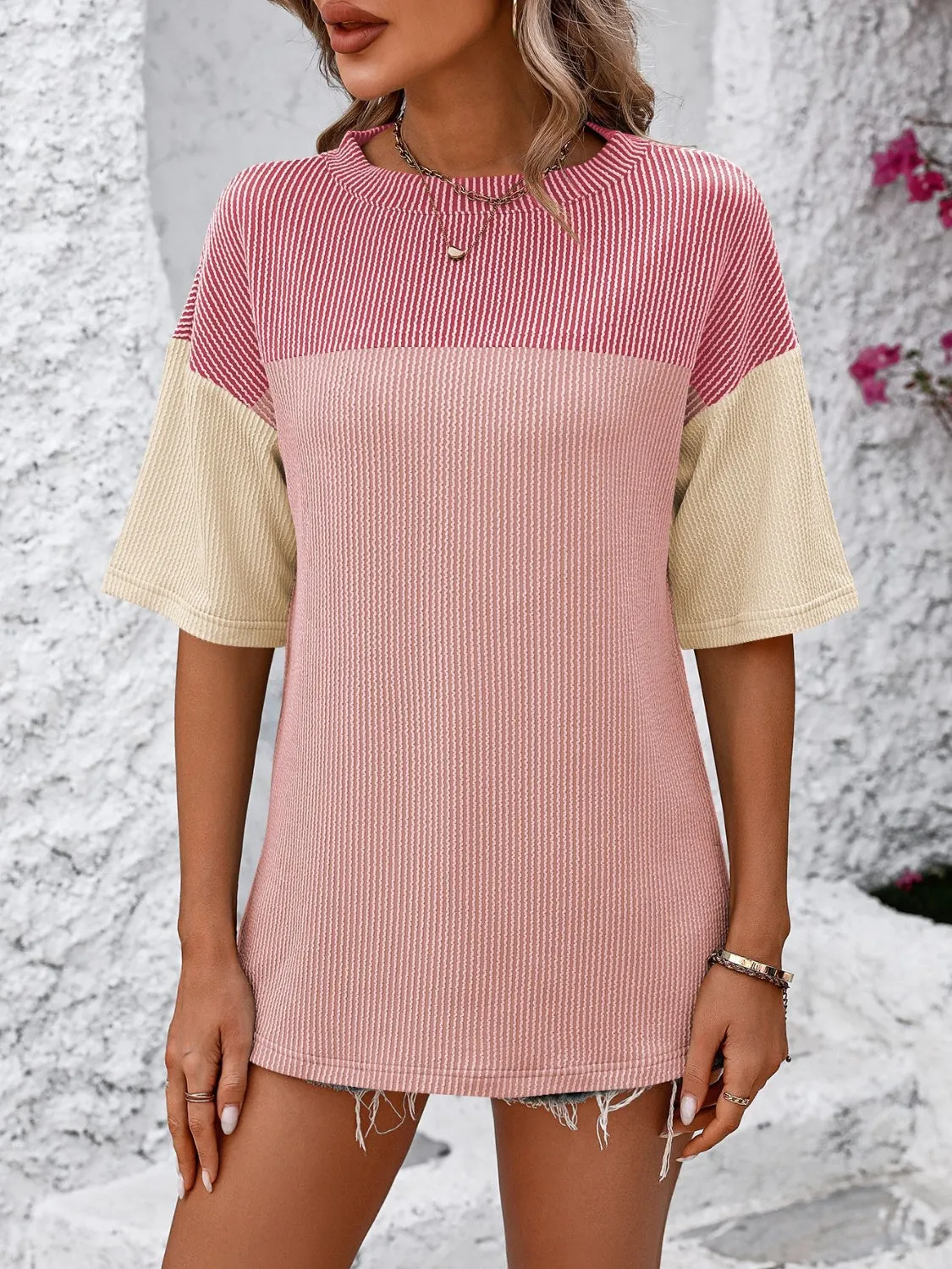 Color Block Round Neck Half Sleeve T-Shirt Top