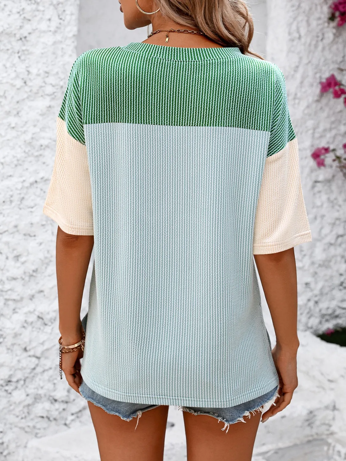 Color Block Round Neck Half Sleeve T-Shirt Top