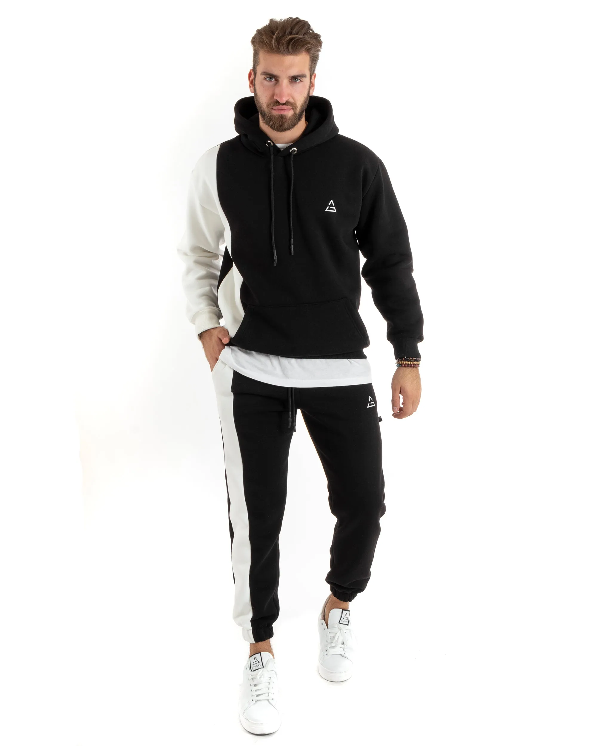 Completo Tuta Uomo Basic Felpa Con Cappuccio Pantaloni Cotone Felpato Tinta Unita Bicolore Nero GIOSAL-OU2421A