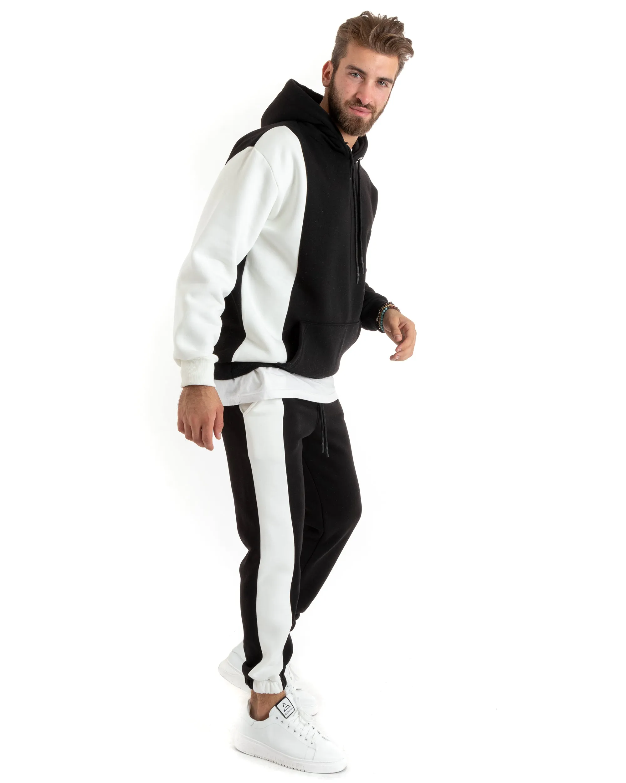 Completo Tuta Uomo Basic Felpa Con Cappuccio Pantaloni Cotone Felpato Tinta Unita Bicolore Nero GIOSAL-OU2421A