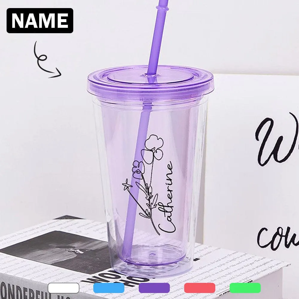 Custom Name Flower Tumbler with Straw - 16 OZ. Bridesmaid Gift