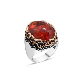 Domic Red Synthetic Ellipse Amber Stone Silver Men's Ring with Wavy Top Pattern Around