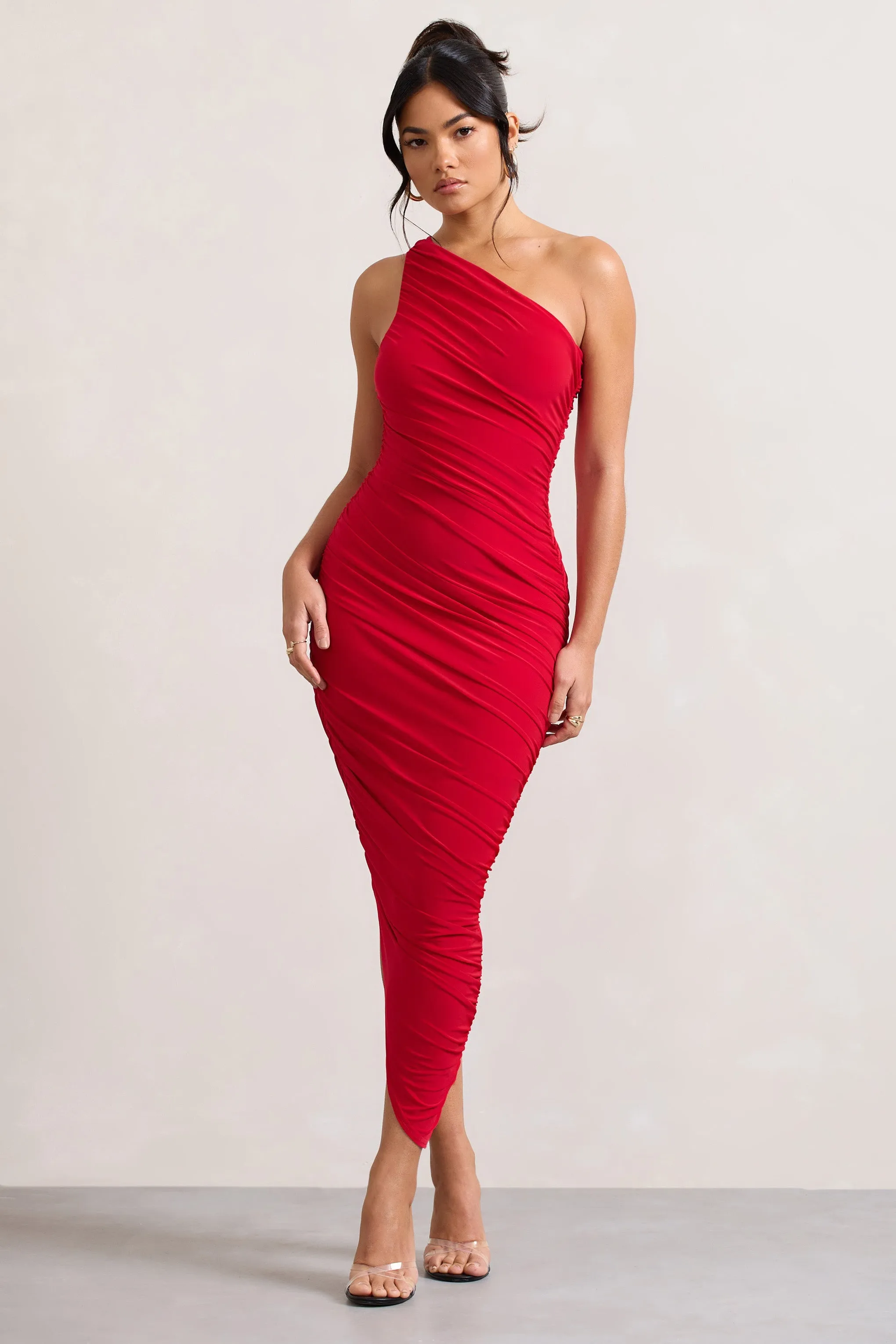 Dorit | Red One Shoulder Asymmetric Ruched Midi Dress