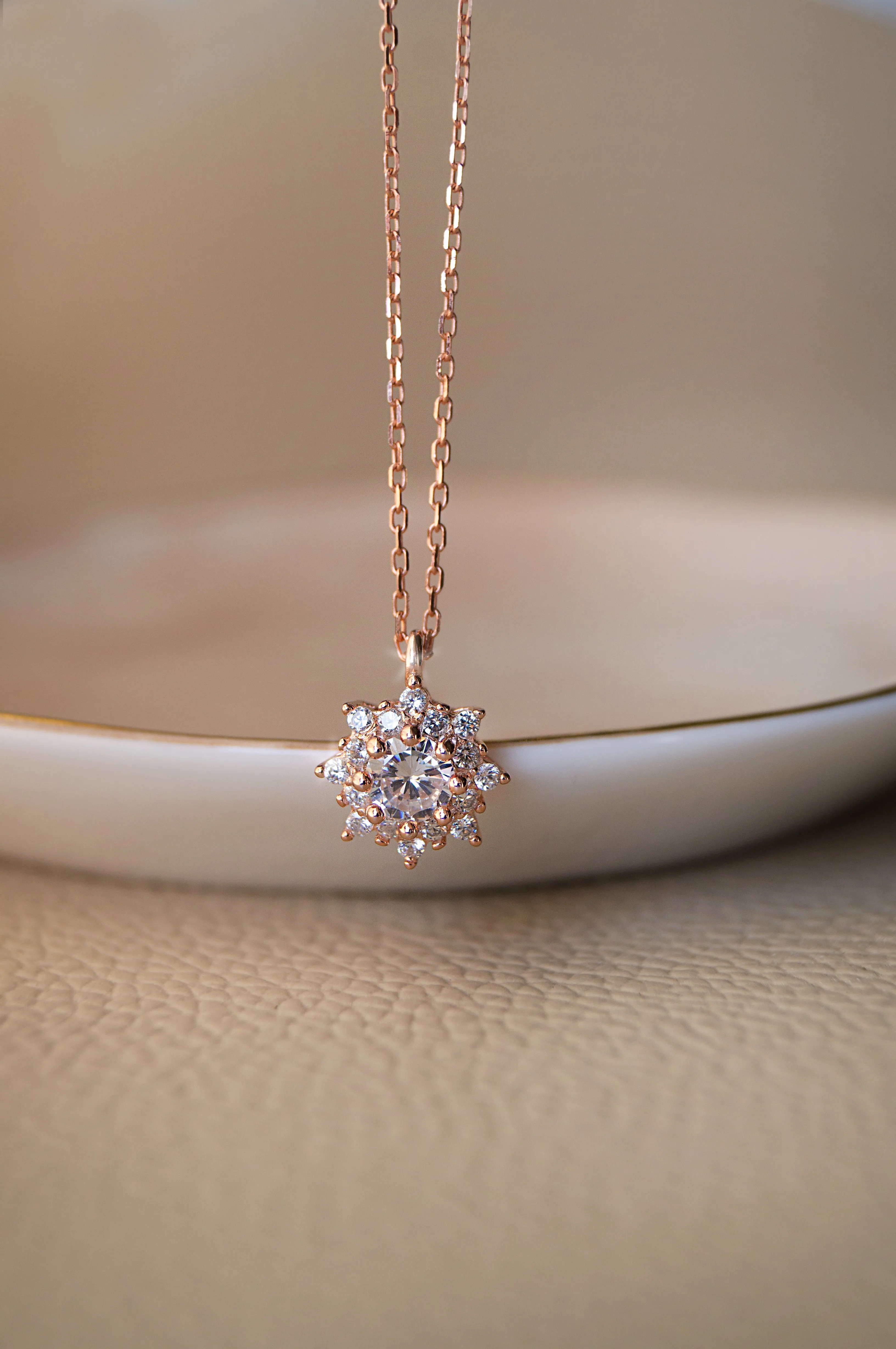 Floral Solitaire Rose Gold Plated Sterling Silver Pendant With Chain