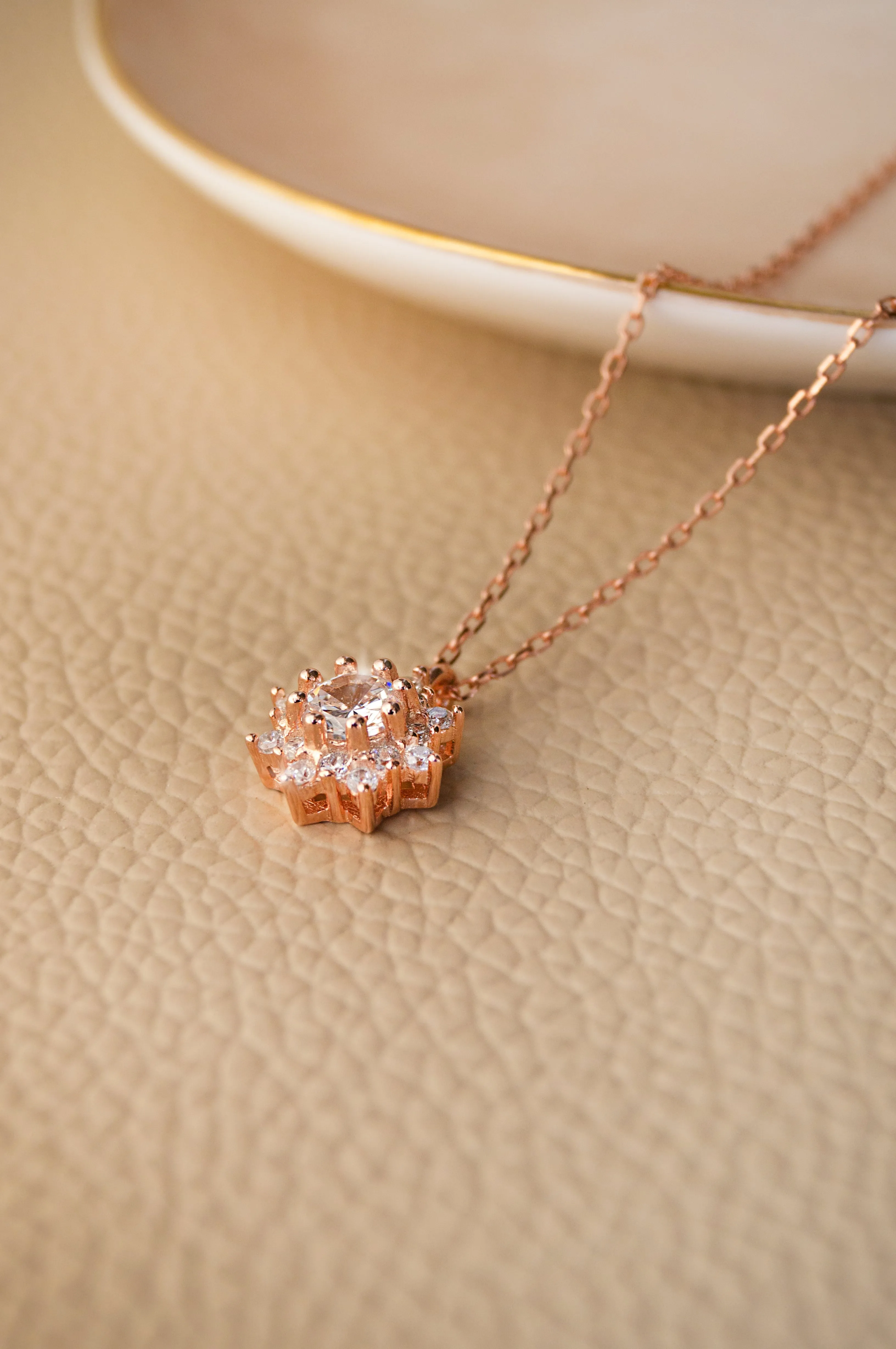 Floral Solitaire Rose Gold Plated Sterling Silver Pendant With Chain