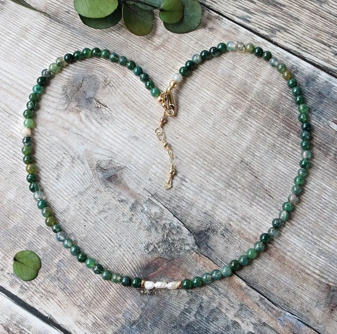 Green Moss Agate and Freshwater Pearl Choker Necklace - June Birthstone