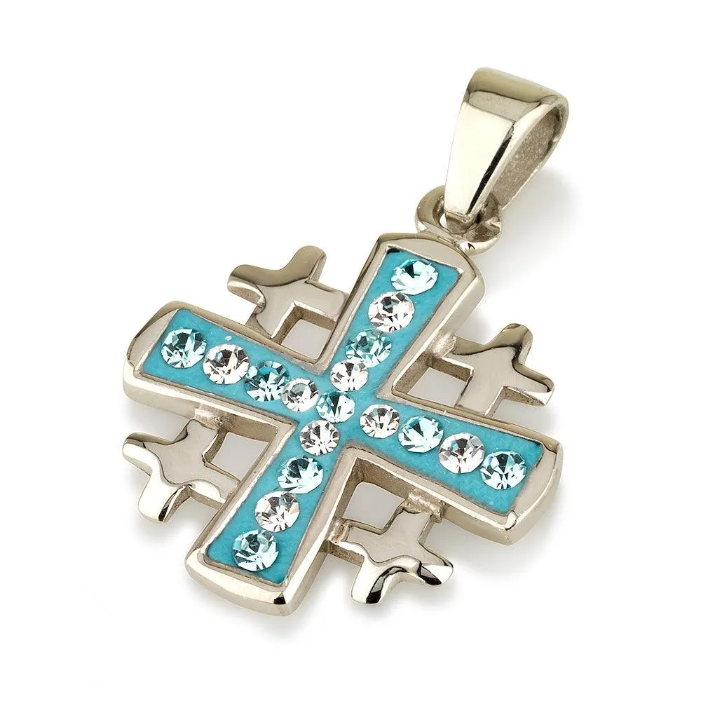 Jerusalem Cross Pendant Sterling Silver 925 With Light Blue Gemstone