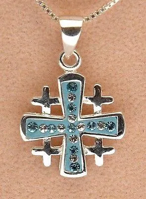 Jerusalem Cross Pendant Sterling Silver 925 With Light Blue Gemstone