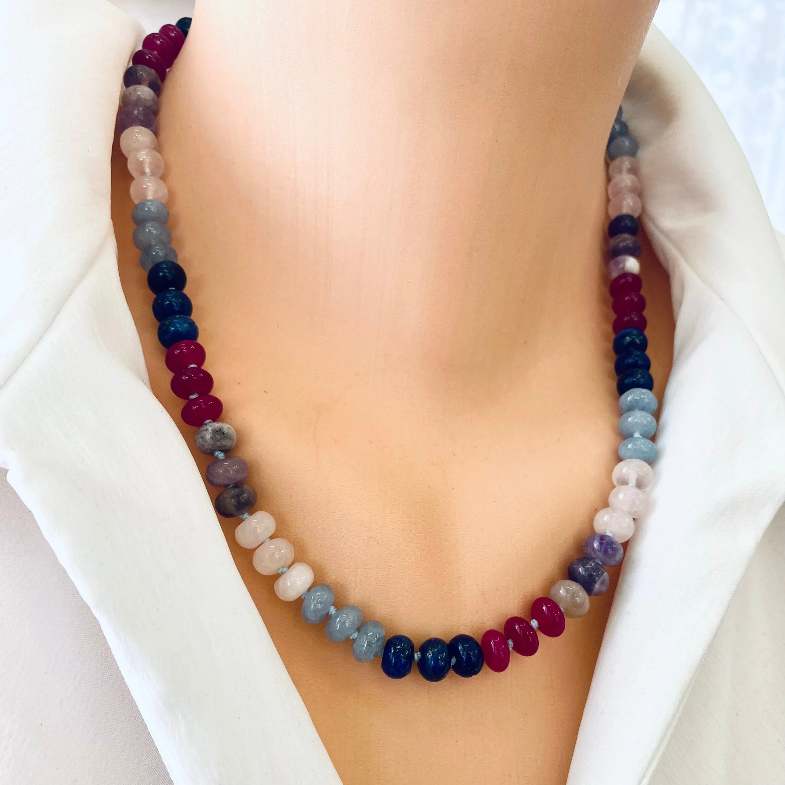 Lapis Lazuli, Rose Quartz & Jade Denim Candy Necklace, Silver Interlocking Clasp, 19or 22in