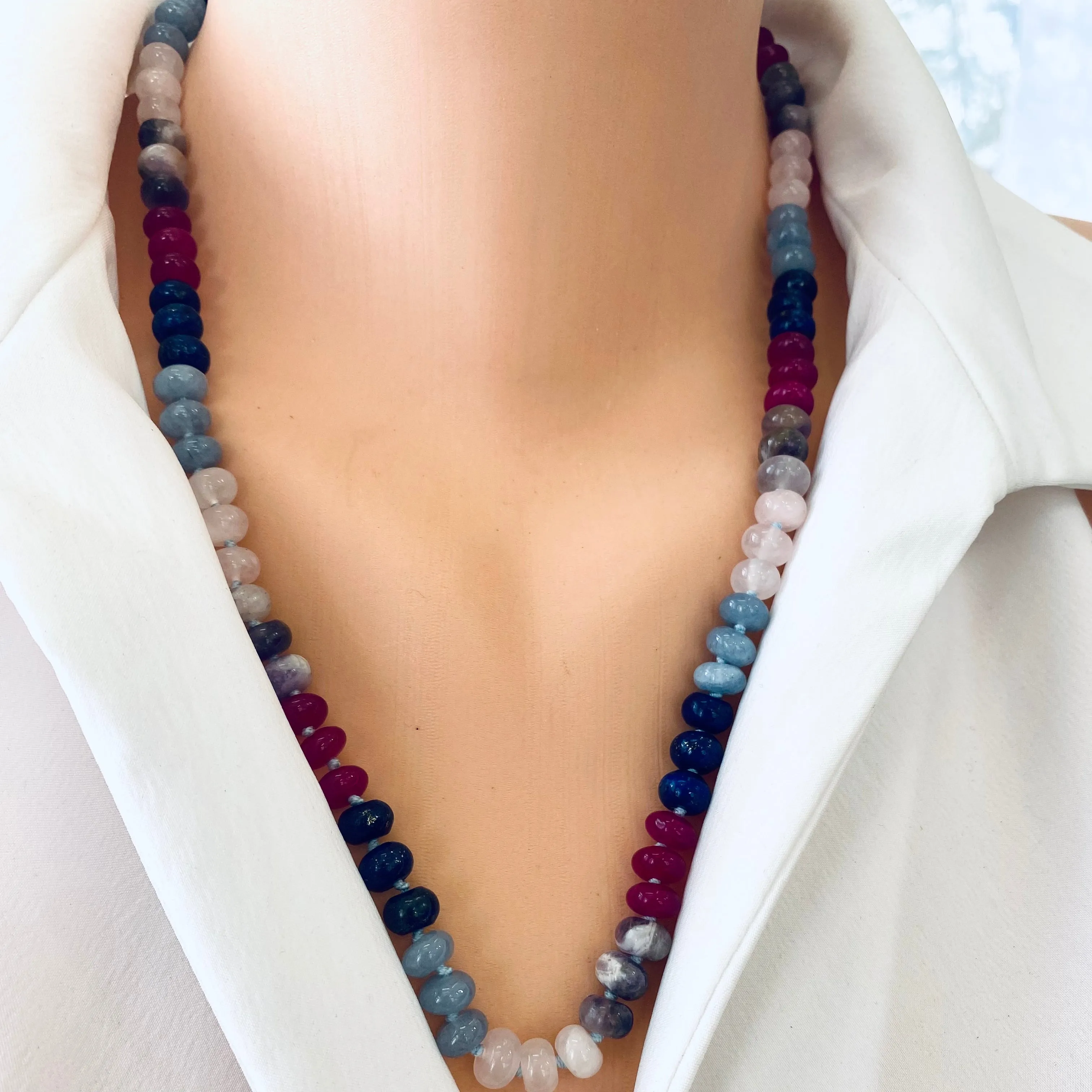 Lapis Lazuli, Rose Quartz & Jade Denim Candy Necklace, Silver Interlocking Clasp, 19or 22in