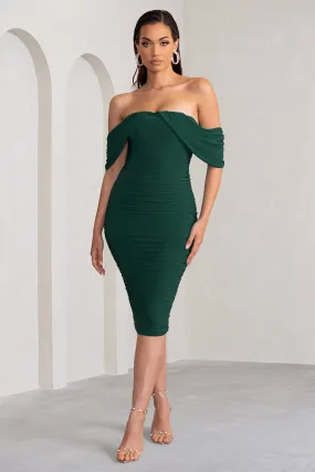 Love Me | Bottle Green Off The Shoulders Ruched Midi Dress