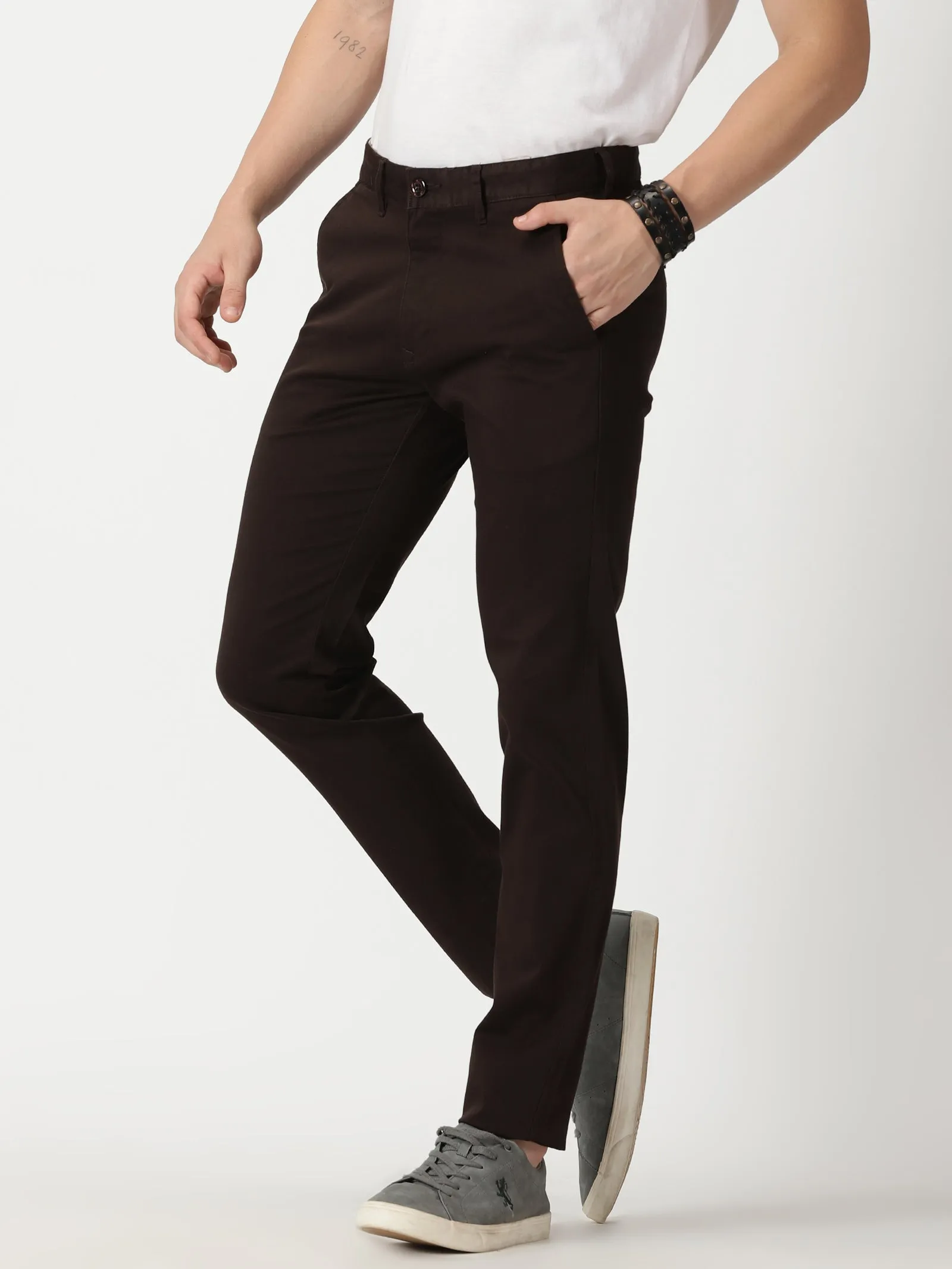 MEN'S COFEE BROWN SOLID JASON FIT TROUSER