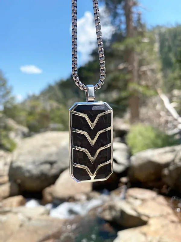 Men's Forged Carbon Fiber Dog Tag with Silver Chevron Detail