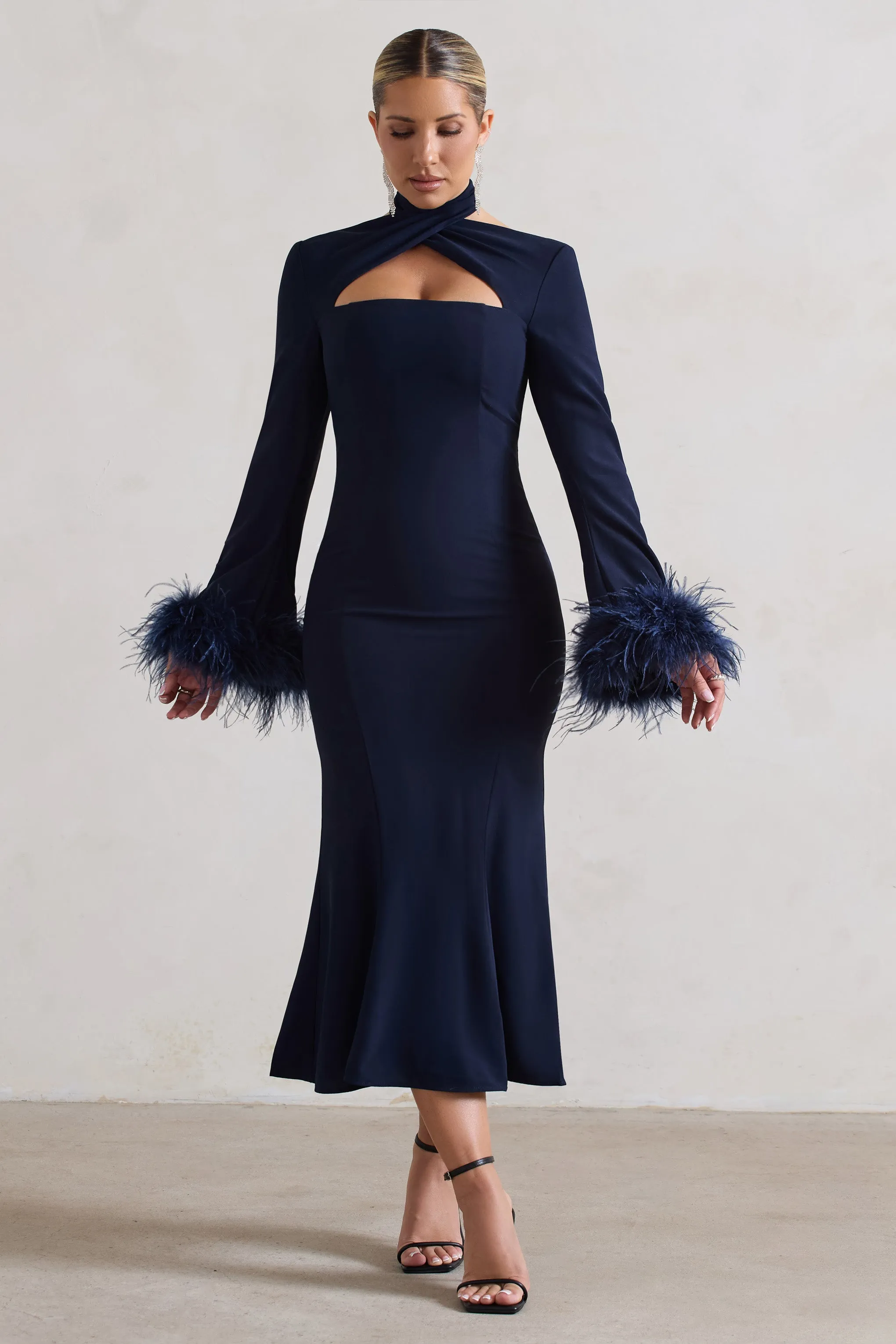 Monroe | Navy Cross Halter-Neck Midi Dress With Feather Cuffs