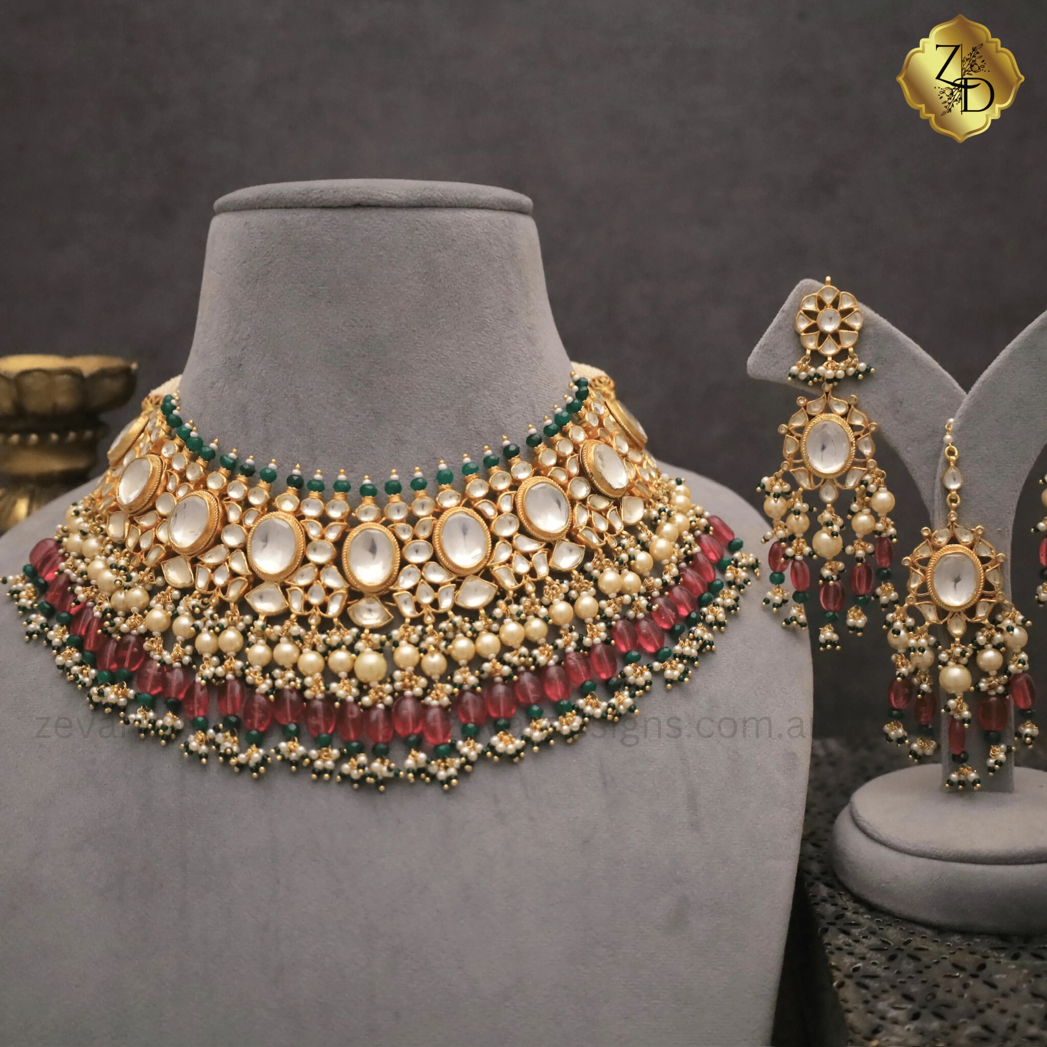 Multicolor Necklace Tikka Set - Pachi Kundan