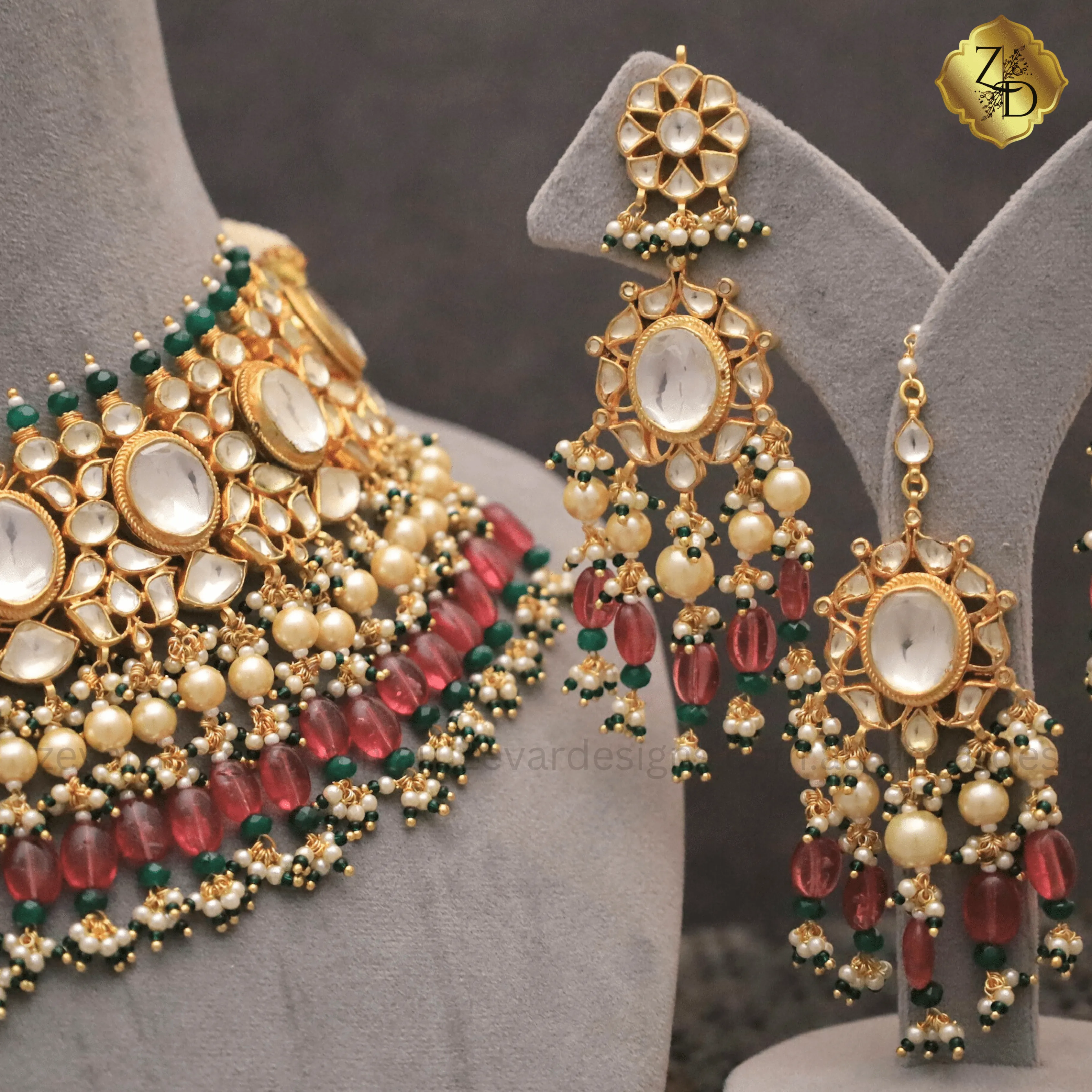 Multicolor Necklace Tikka Set - Pachi Kundan