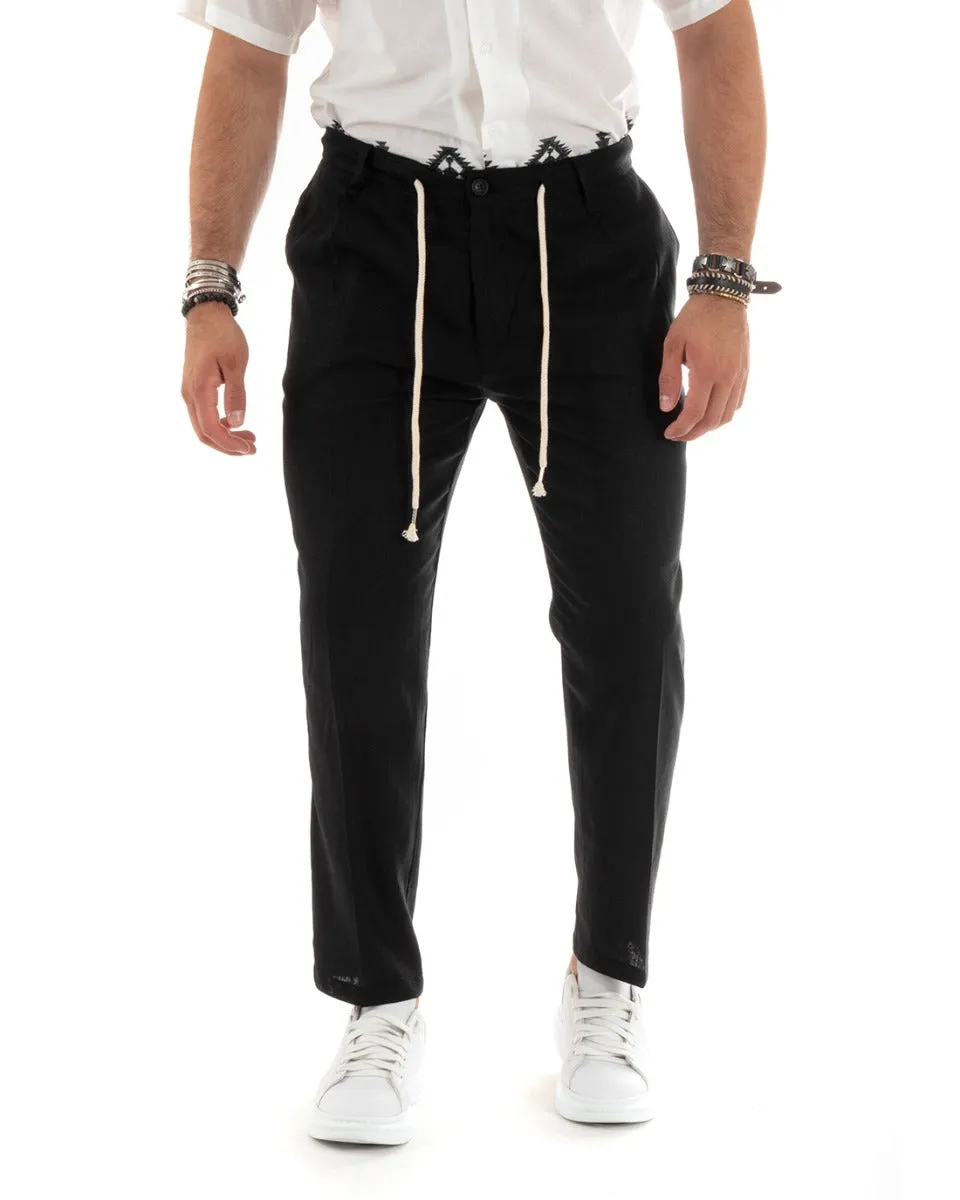 Pantaloni Uomo Lino Tasca America Basic Con Coulisse Elastico Sul Retro Casual Tinta Unita Nero GIOSAL-P5832A