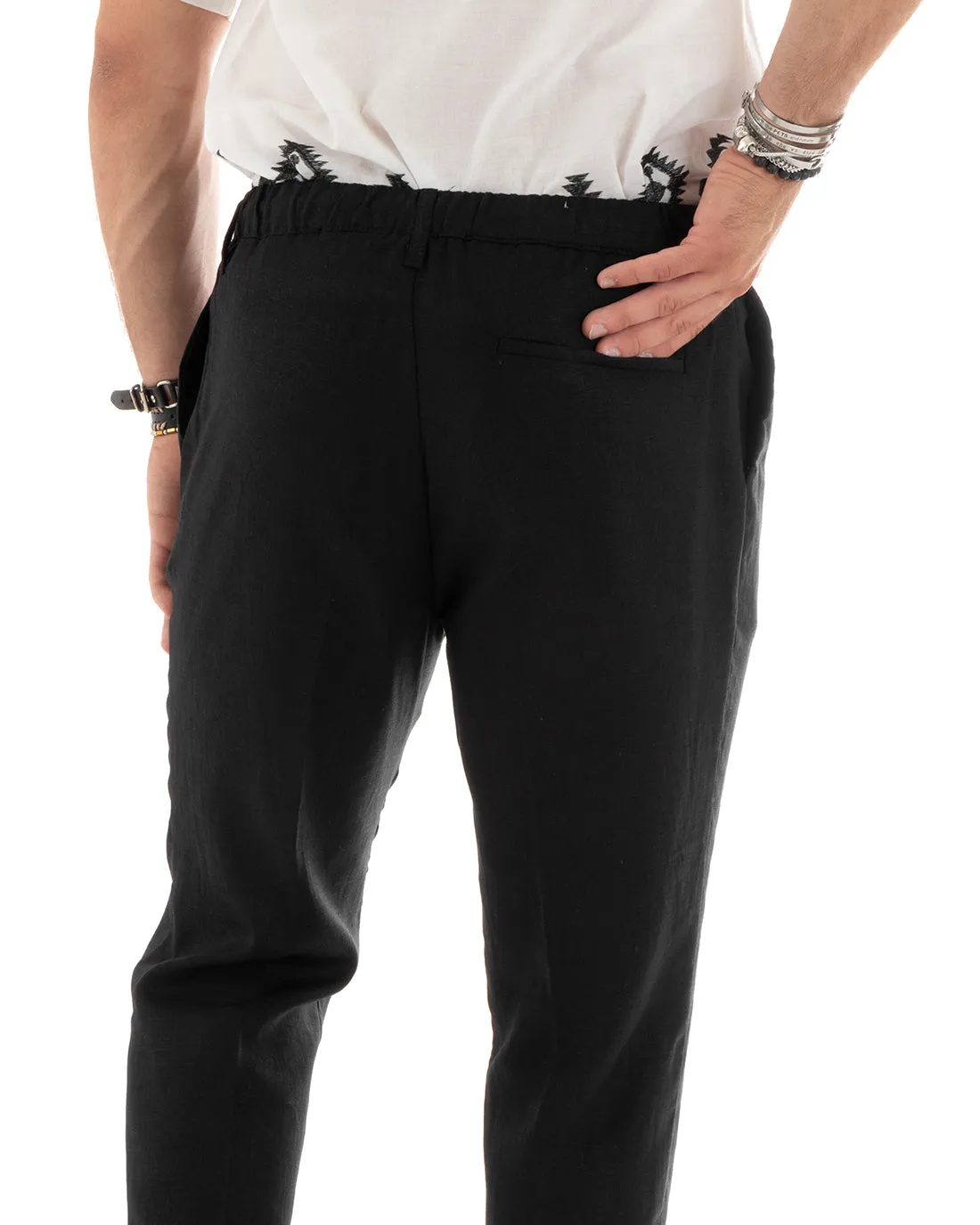 Pantaloni Uomo Lino Tasca America Basic Con Coulisse Elastico Sul Retro Casual Tinta Unita Nero GIOSAL-P5832A