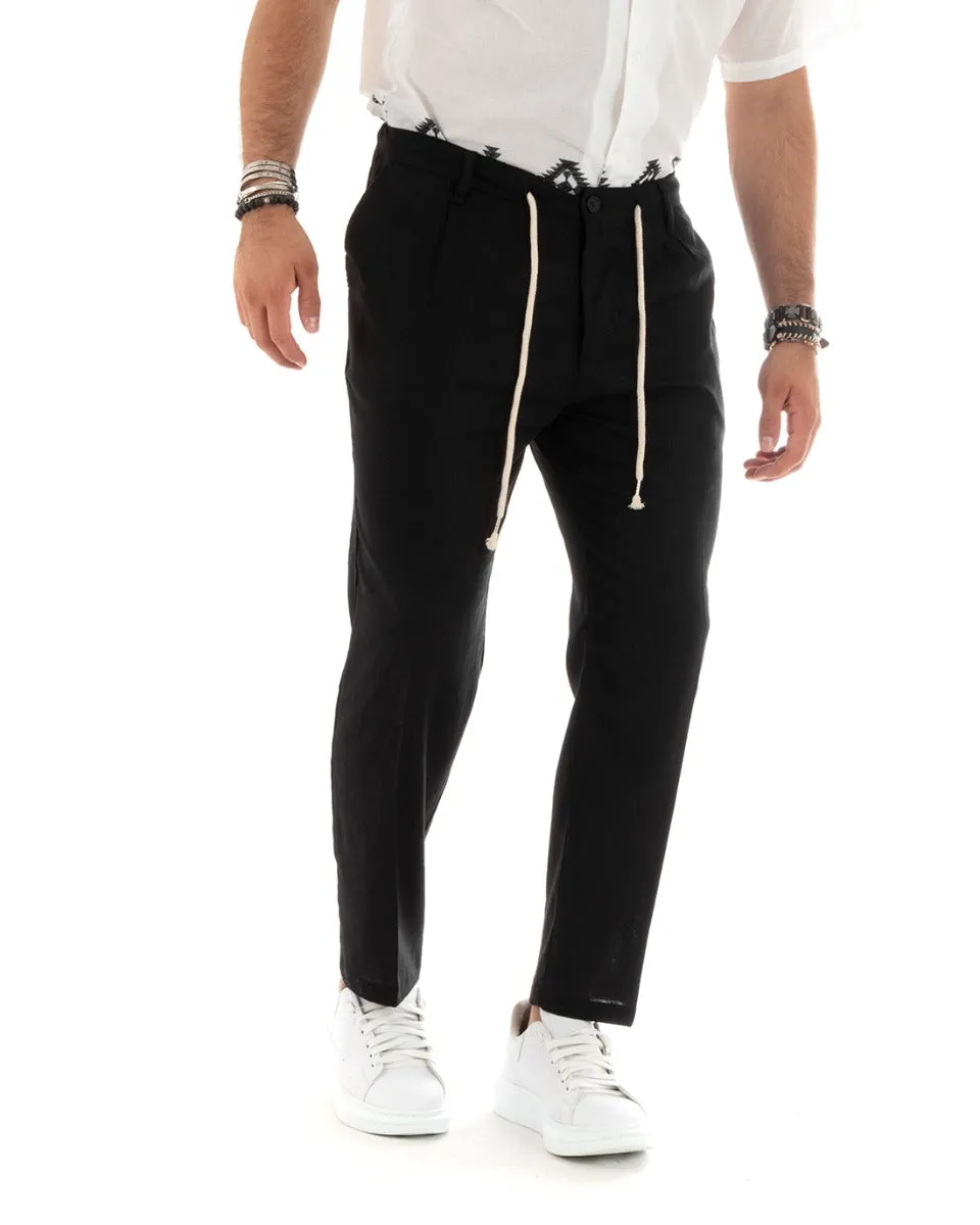 Pantaloni Uomo Lino Tasca America Basic Con Coulisse Elastico Sul Retro Casual Tinta Unita Nero GIOSAL-P5832A