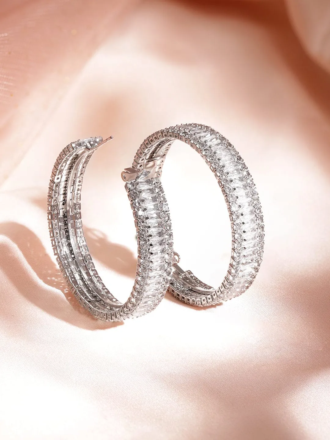 Rubans Women's Rhodium Plated Crystal And Zirconia Stone Studded Hoop Earrings Earrings