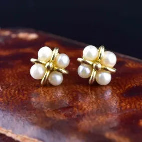 Vintage 9K Gold Pearl Cluster Stud Earrings